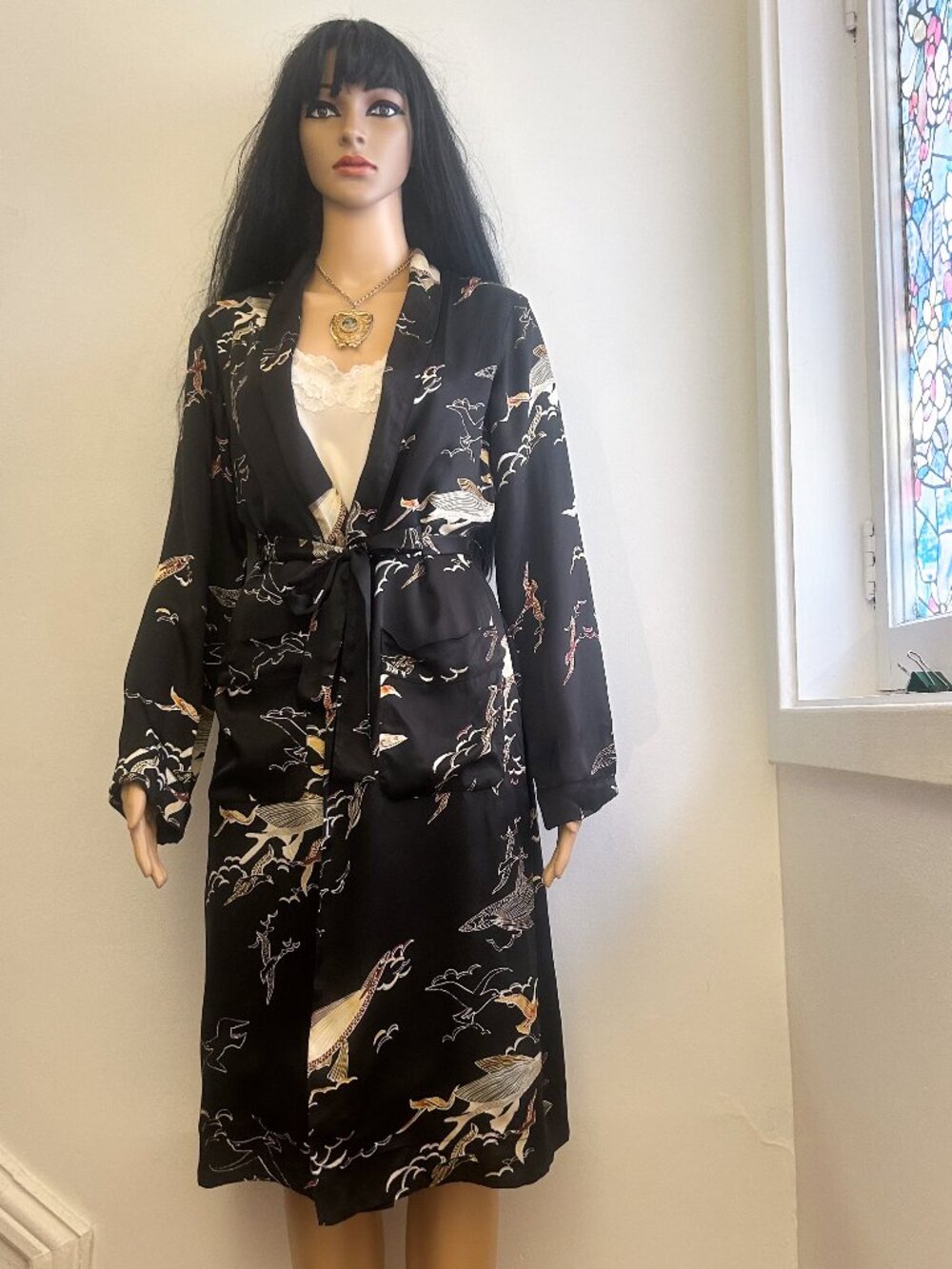 Aritzia Wilfred Robe Jacket XXS Whale Bird Print Belted Kimono Duster Black